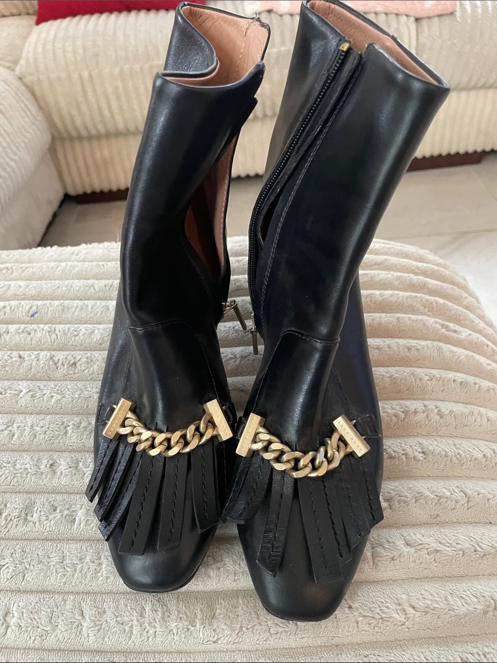 Hugo Boss Black Leather Fringe Ankle Boots with Gold Chain Accent